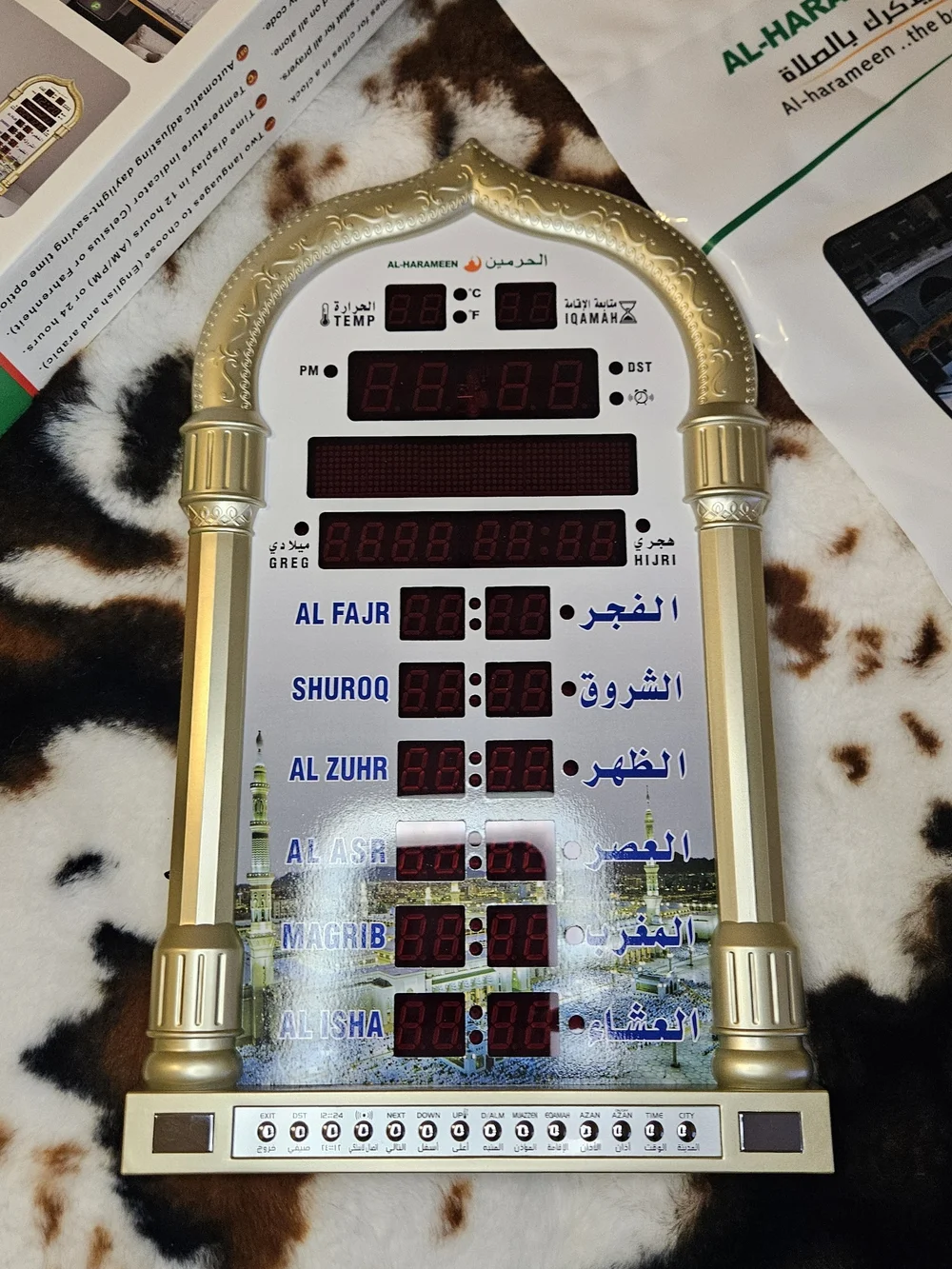 Gold Digital Prayer Wall Clock with Red LED Display